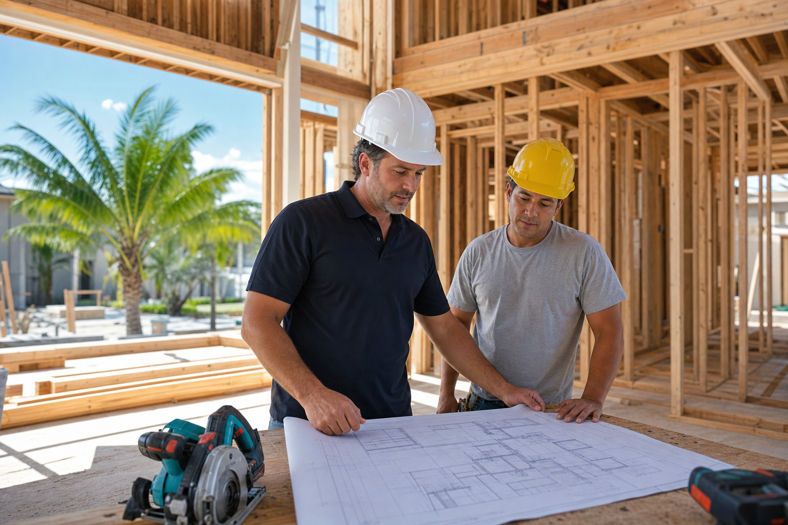 O'Brien general contractor reviewing building plans at a South Florida new-construction site