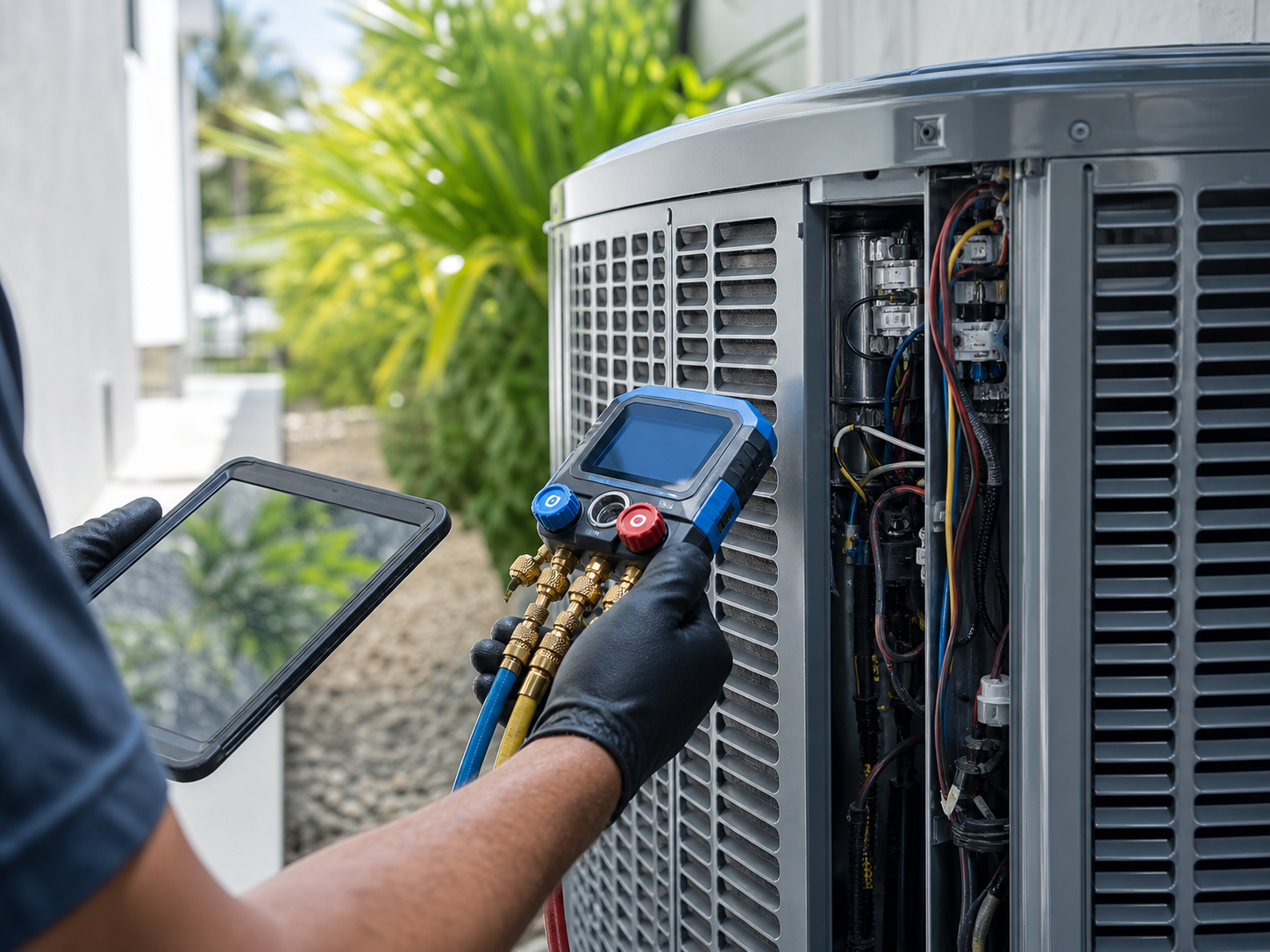 HVAC technician diagnosing air conditioning system issues