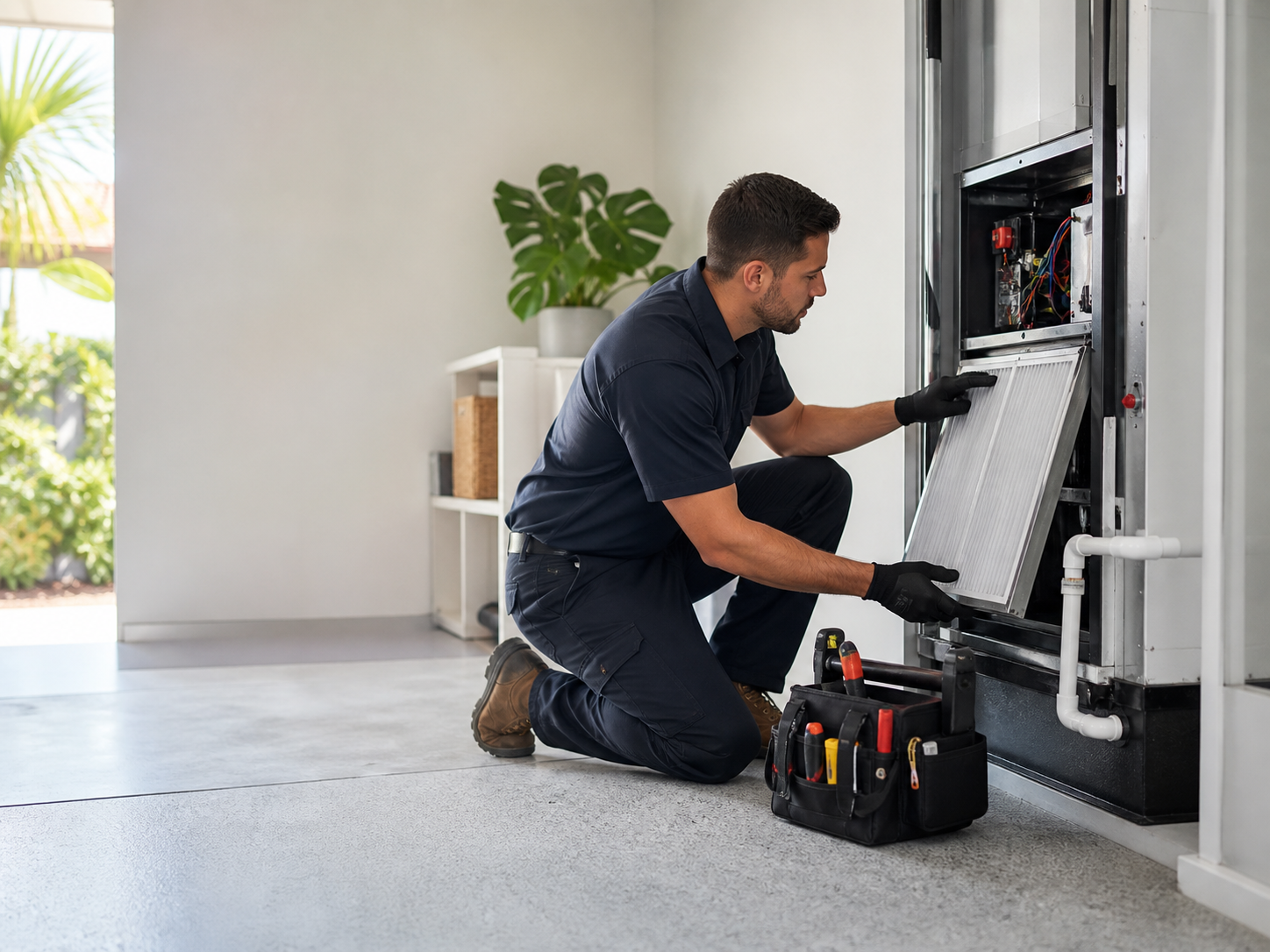 Preventive maintenance being performed on air conditioning system