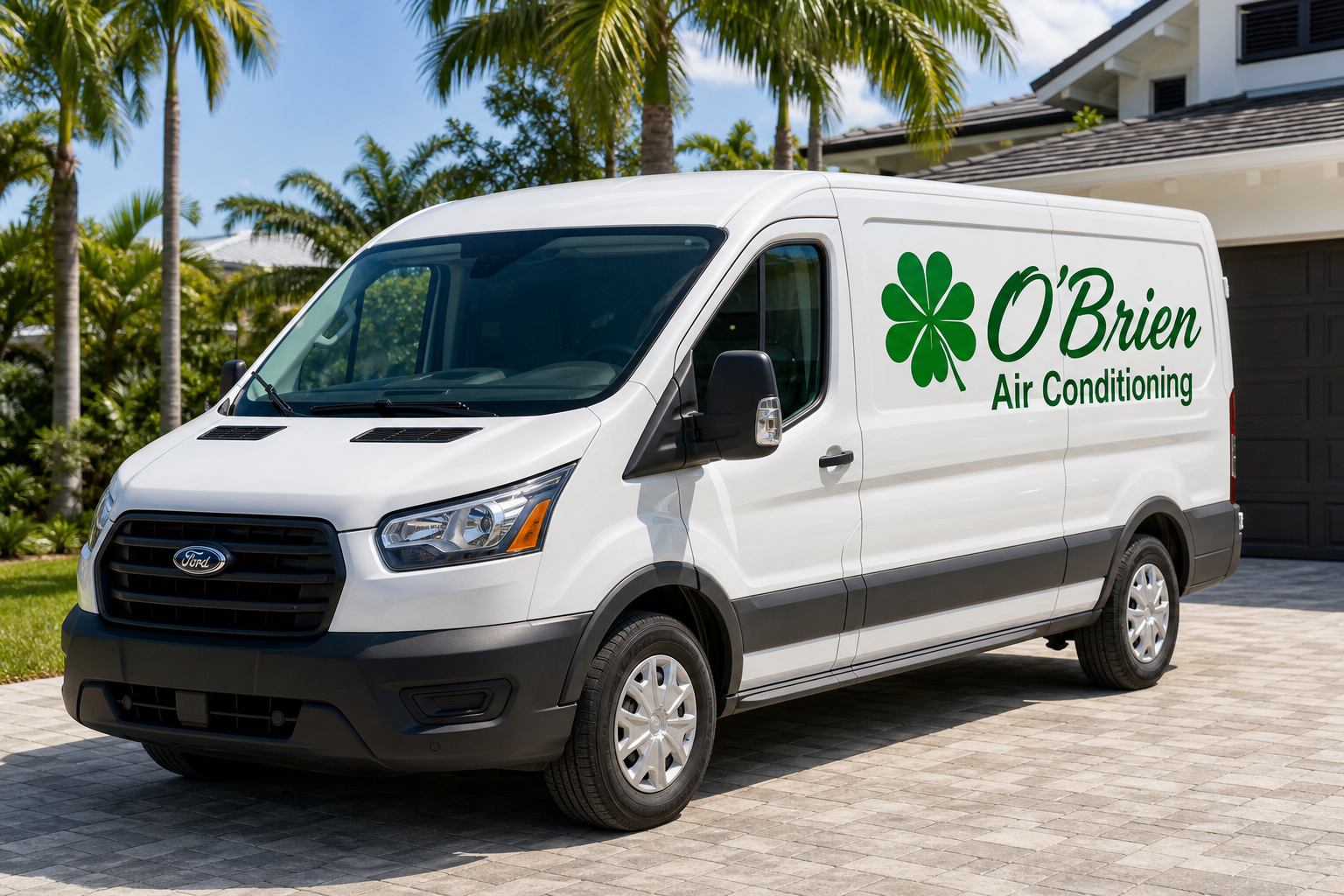 O'Brien Air Conditioning service van with company branding and clover logo
